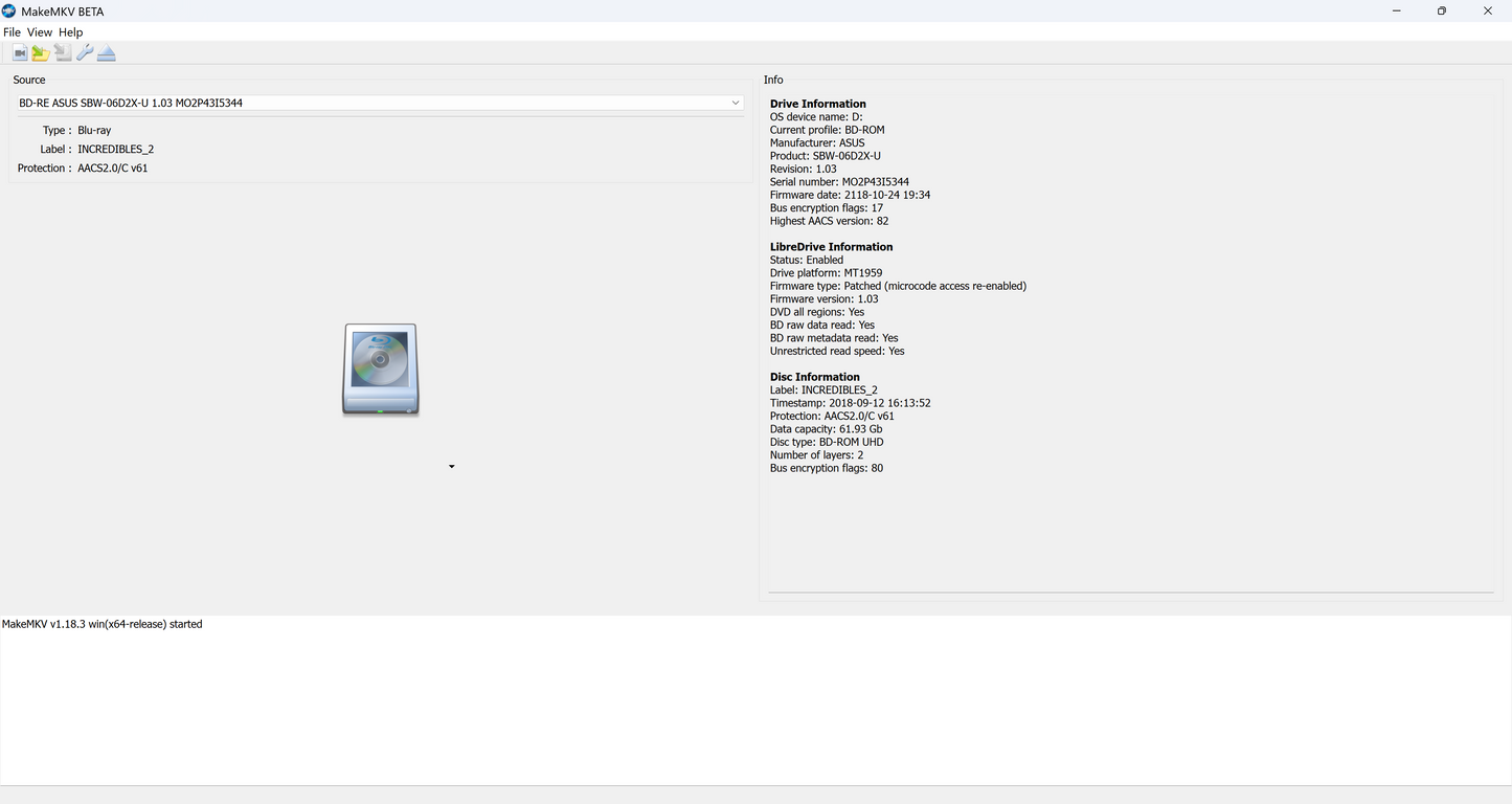MakeMKV Screenshot showing LibreDrive status and a 4K UHD blu-ray loaded