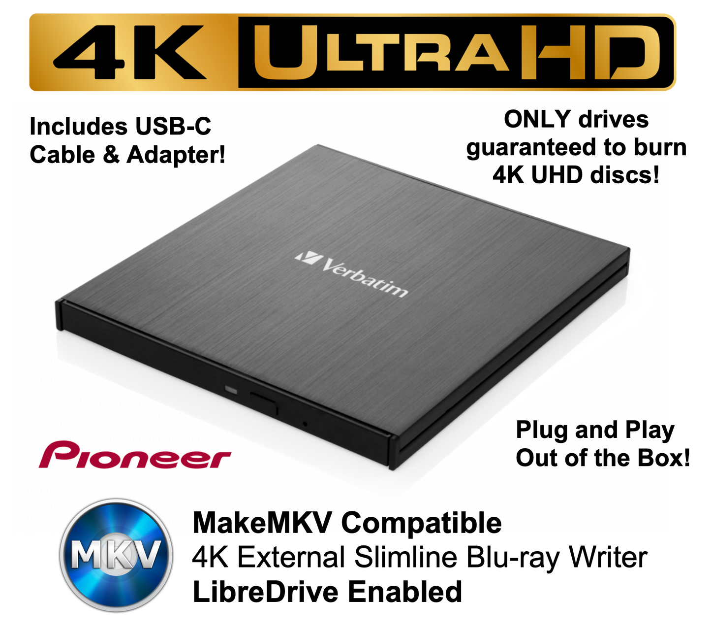 Verbatim 43888 4K UHD Blu-ray Burner External Drive BDR-UD04 Pioneer Original UNPATCHED FIRMWARE