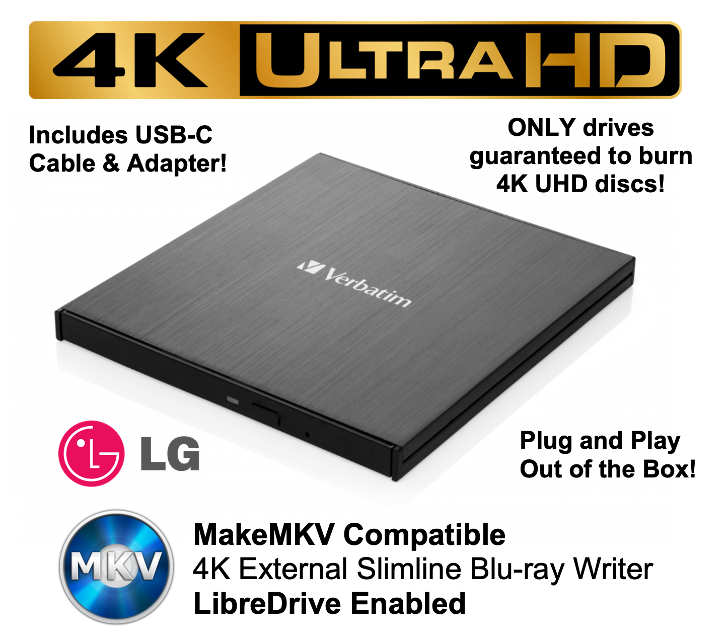 Verbatim 43888 4K UHD Blu-ray Burner External Drive BD-RE BU40N LG FLASHED FIRMWARE